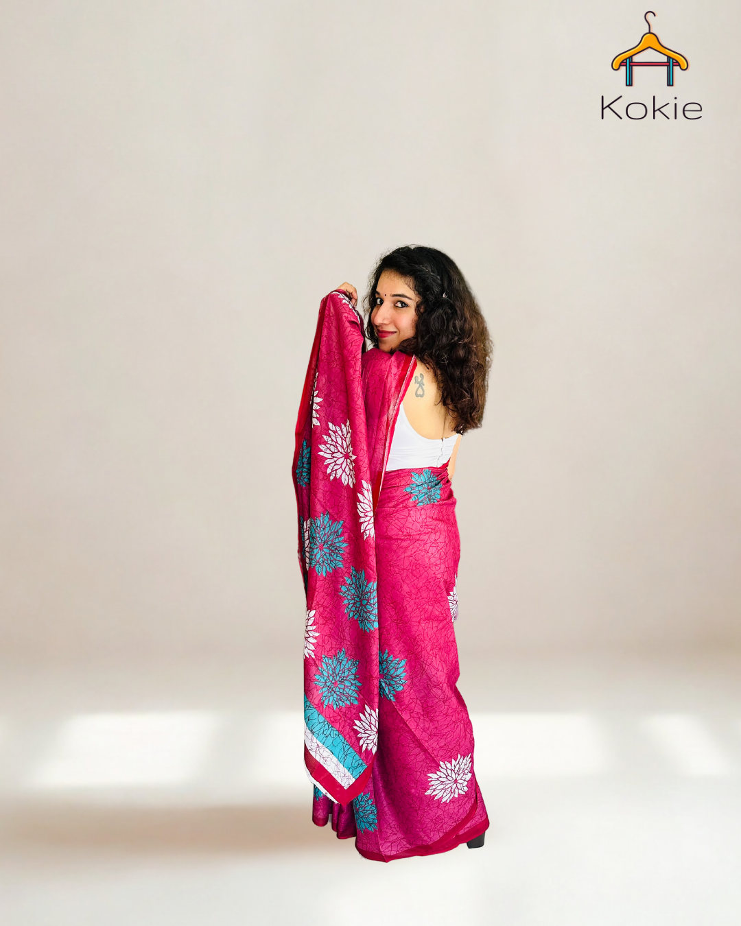 Blush Harmony – Pink Cotton Saree with Blue & Off-White Accents