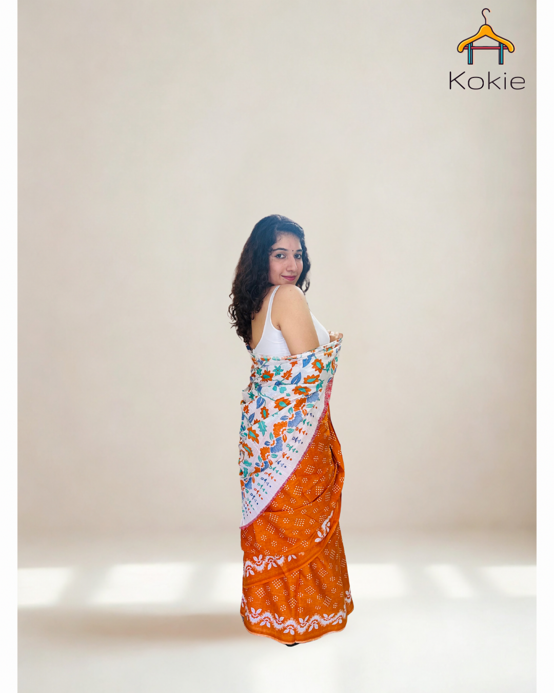 Rustic Charm – Handwoven Cotton Saree in Orange & Off-White