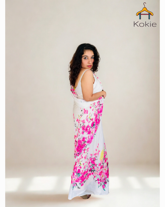 Blush Bloom – Pink and White Pure Cotton Saree for Everyday Elegance